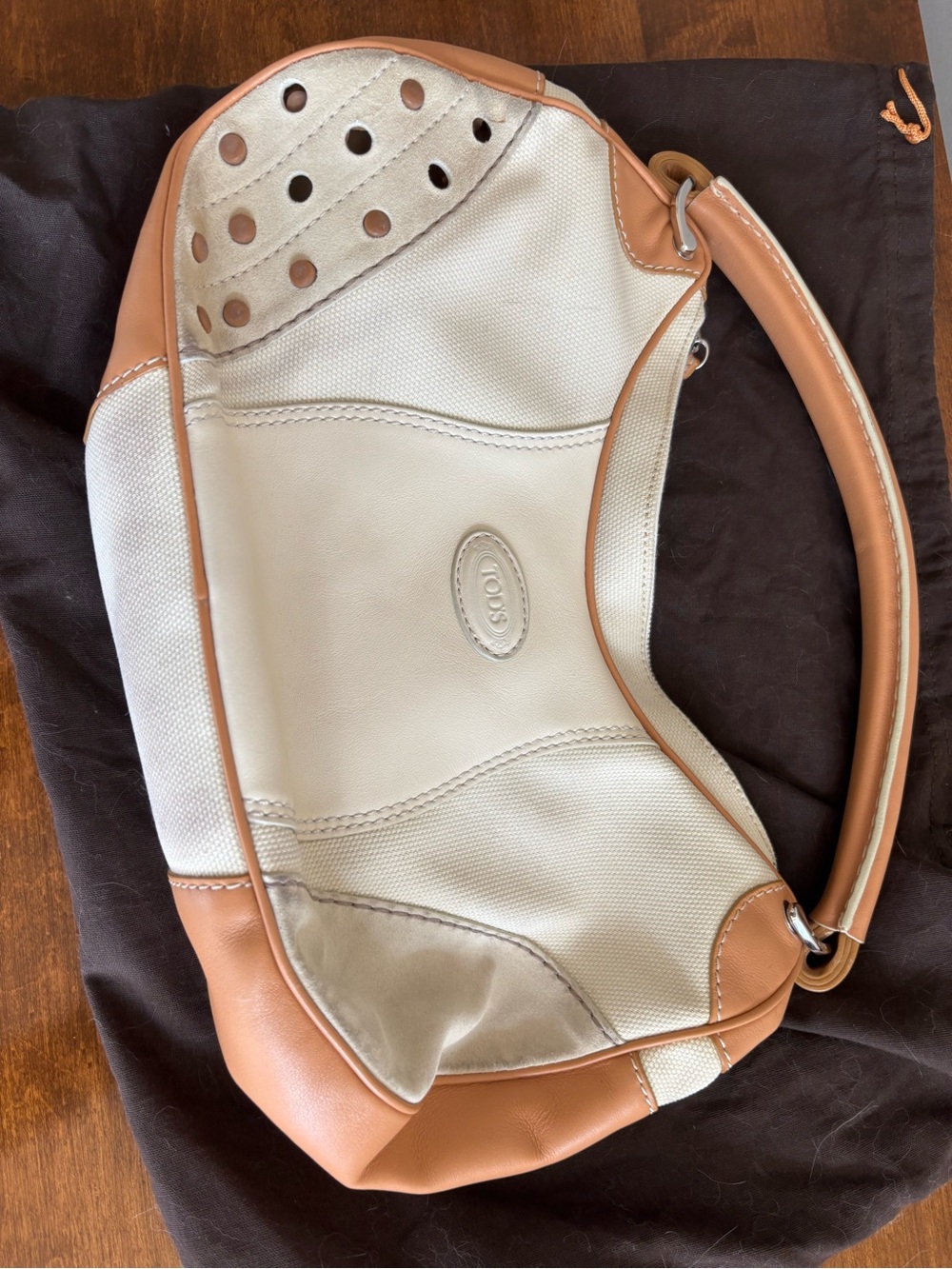 TOD'S Cream Canvas Shoulder Bag with Tan Leather Trim